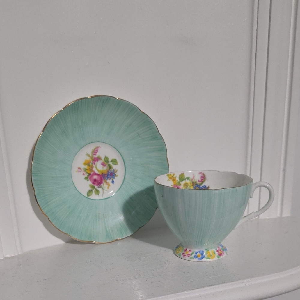 Vintage Foley Hand Painted Flower Footed Cup & Saucer England Turquois